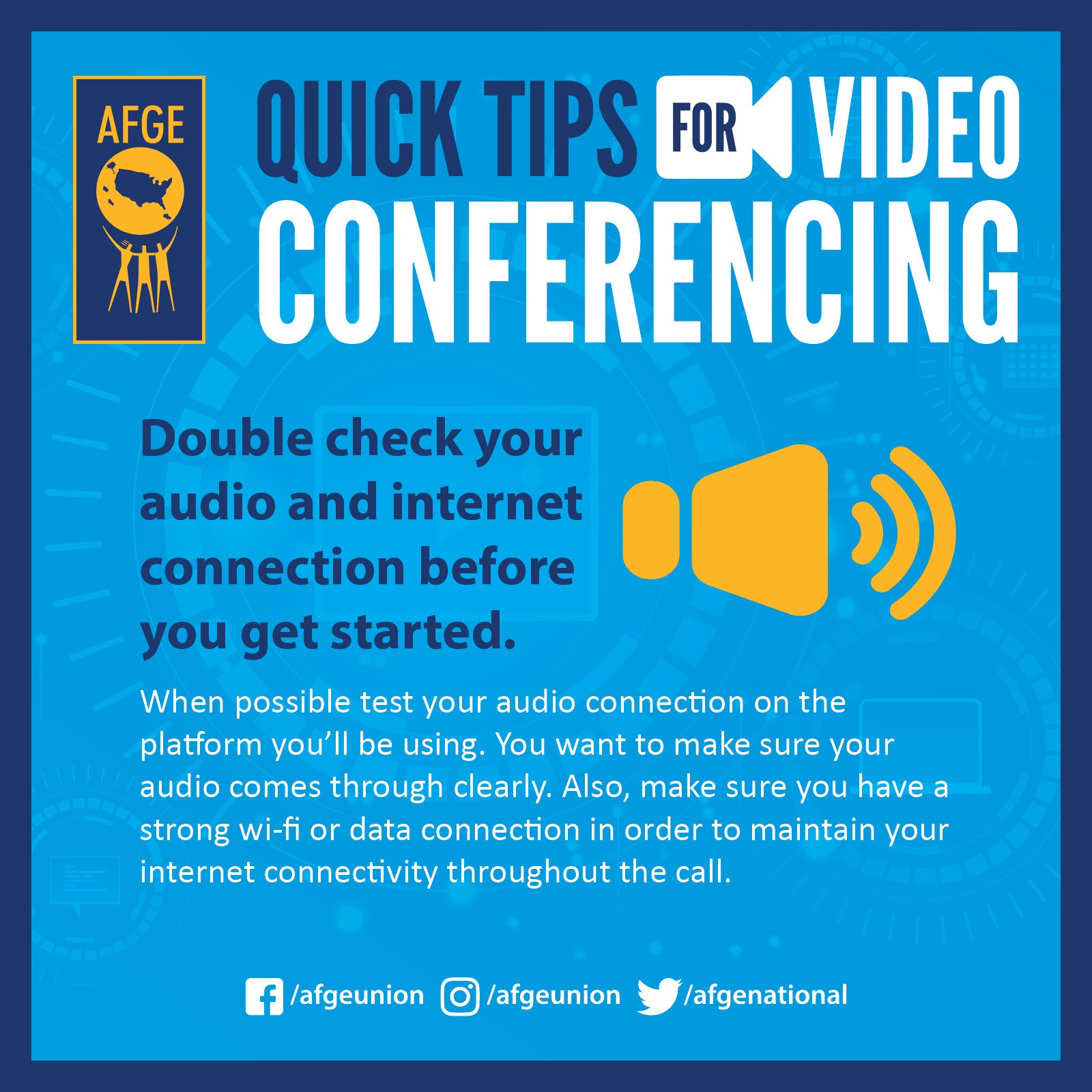 Graphic that says Quick Tips for Video Conferencing: Double check your audio and internet connection before you get started.