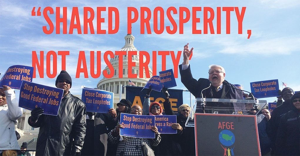 Shared Prosperity, Not Austerity rally on Capitol Hill in Feb. 2014. President Cox and activists pictured behind Capitol Dome.