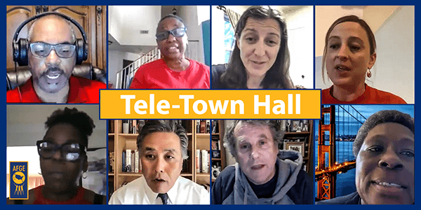 Collage of AFGE members, staff and lawmakers on a Zoom call