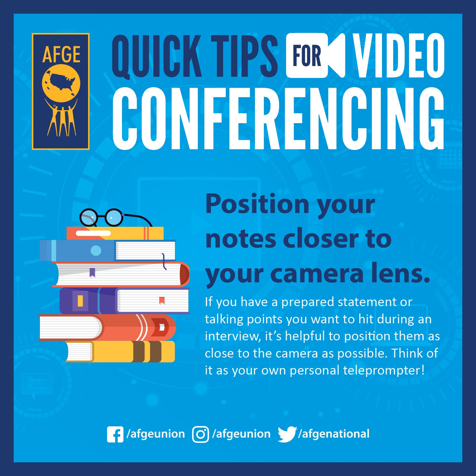 Graphic that says Quick Tips for Video Conferencing:  Position your notes closer to your camera lens.